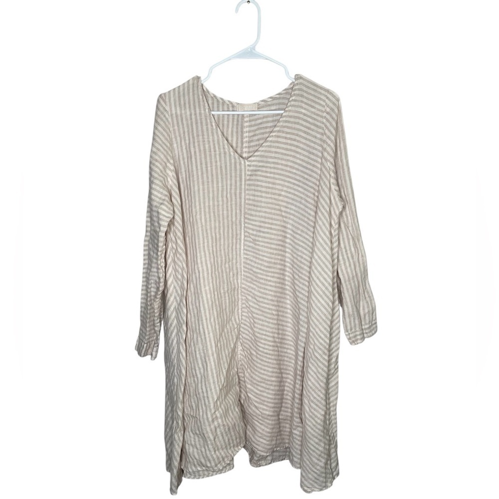 CP Shades Striped 100% Linen Asymmetrical Hem Dress Size Medium White Tan